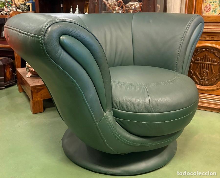 Vintage: Sill&oacute;n Giratorio de Piel Verde - Foto 5