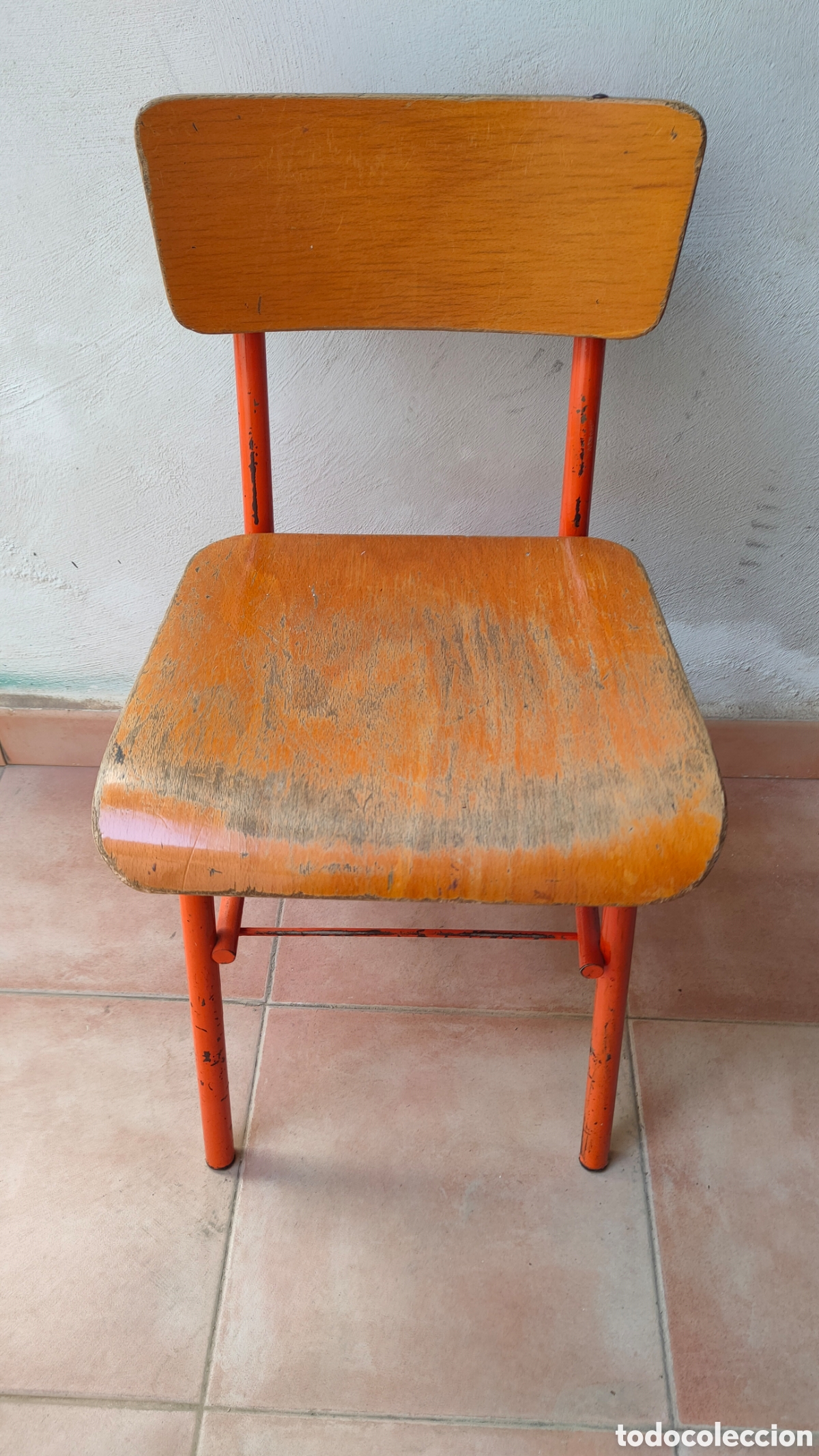 Vintage: SILLA COLEGIO.ESCUELA.A&Ntilde;OS 70.VINTAGE.ESTILO INDUSTRIAL.METAL Y MADERA.NARANJA.