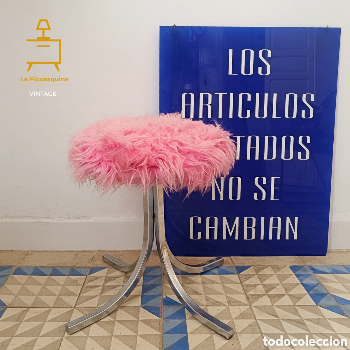 Vintage: Taburete peluche a&ntilde;os 70 Rosa