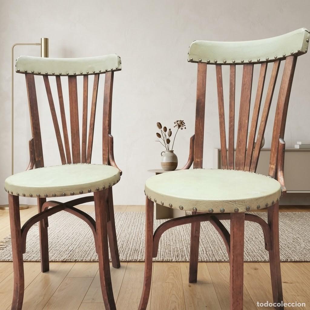Vintage: Pareja de Sillas Restauradas Estilo N&oacute;rdico / Mid Century A&ntilde;os 70 Madera y Tapizado Verde