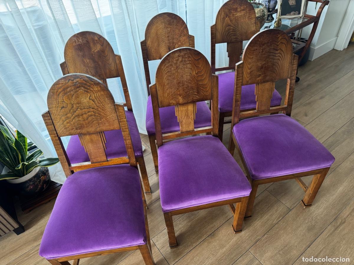 Vintage: Lote de 6 sillas estilo Art D&eacute;co en madera, respaldo geom&eacute;trico y tapizado violeta