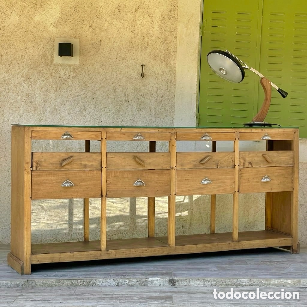Vintage: Mostrador Mid Century, madera y cristal con cajones, circa 1950. Cajonera vintage c&oacute;moda vitrina.
