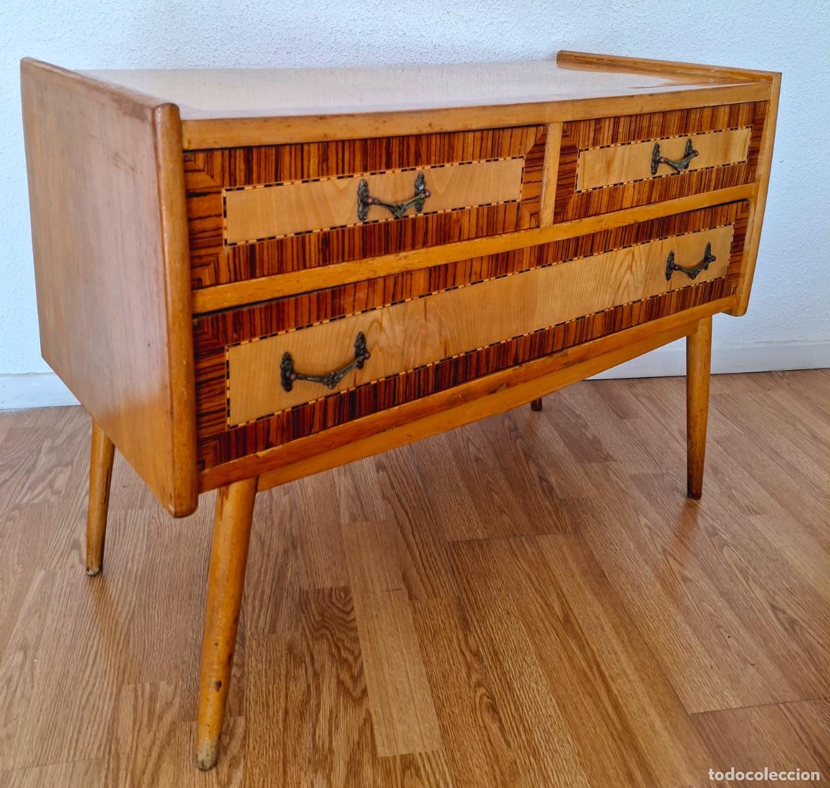 Vintage: C&oacute;moda aparador cajonera Mid Century a&ntilde;os 50 60 marqueter&iacute;a 85x63x39 cm SOLO RECOGER NO SE ENV&Iacute;A