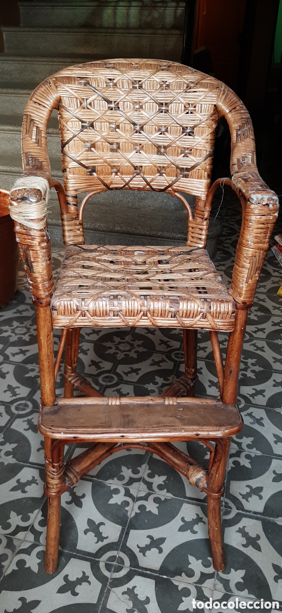 Vintage: Antigua Trona Infantil de Ca&ntilde;a, Bamb&uacute; y Mimbre | Silla Alta Vintage A&ntilde;os 60/70 - Deco Boho