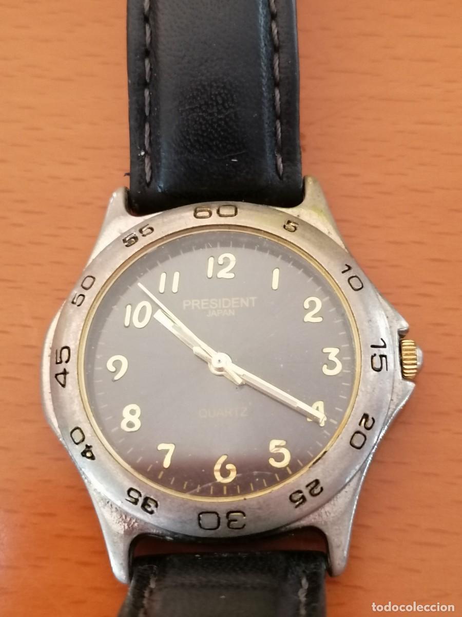 Vintage: PRESIDENT * RELOJ ANALOGICO CORREA DE CUERO, ESFERA NEGRA, DETALLES DORADOS