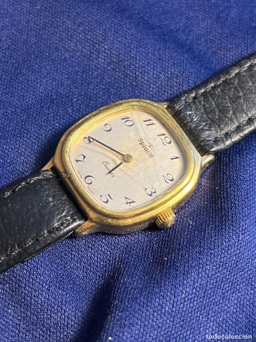 Vintage: Reloj Splach Swiss Made cuarzo dorado vintage rectangular cl&aacute;sico correa cuero retro