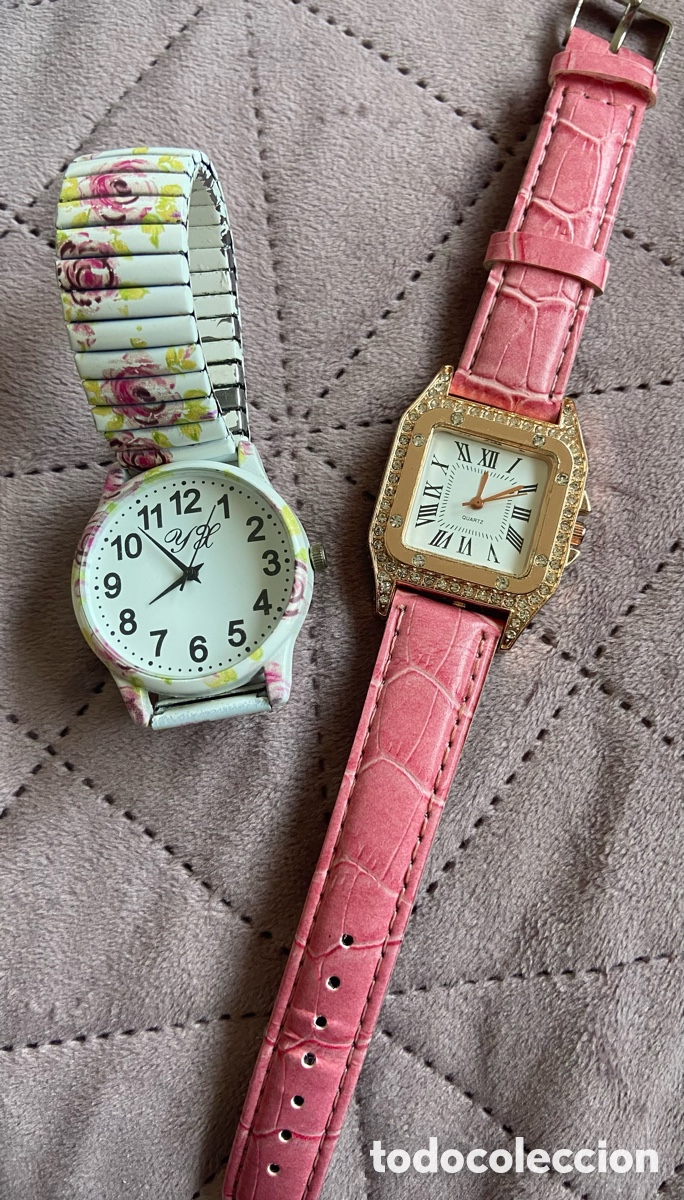 Vintage: Lote relojes Quartz rosa brillantes y reloj acero