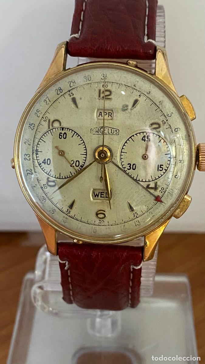 Vintage: Reloj vintage ANGELUS cronodato tripe calendario, chapado de oro de los a&ntilde;os 40 a 45, correa cuero.