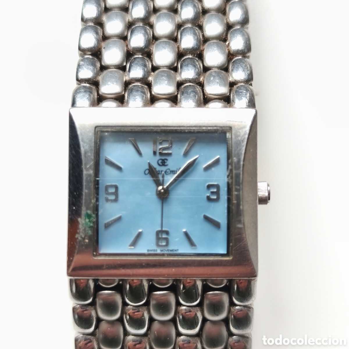 Vintage: Reloj Oskar Emil, movimiento suizo de cuarzo,modelo Pelles,esfera cuadrada azul (usado y no testado)