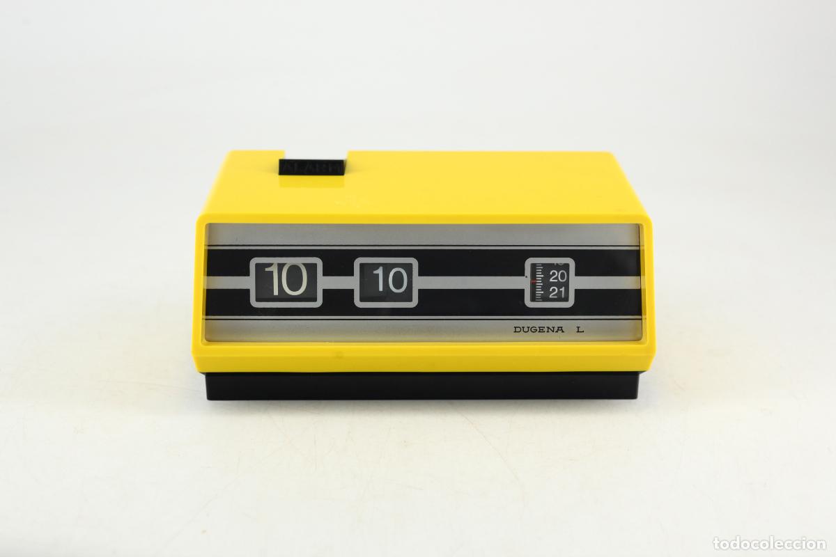 Vintage: reloj despertador sobremesa Dugena L flip clock amarillo space age retro Alemania a&ntilde;os 70