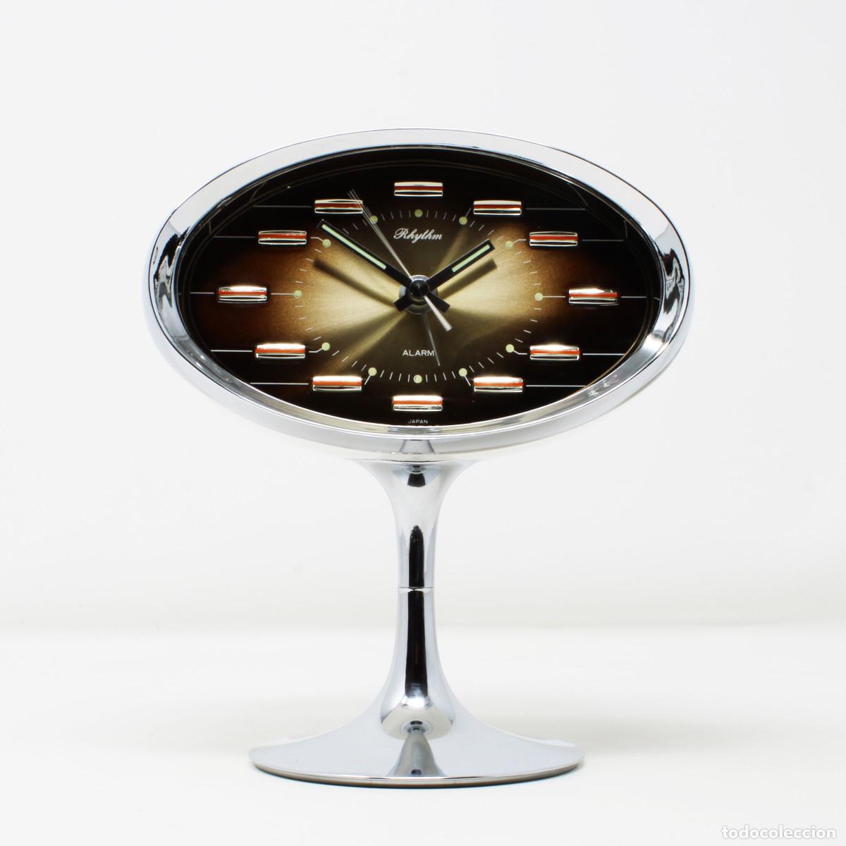 Vintage: Reloj despertador vintage Rhythm 51141 Space Age a&ntilde;os 60 &ndash; dise&ntilde;o tulip&aacute;n cromado, alarma mec&aacute;nica