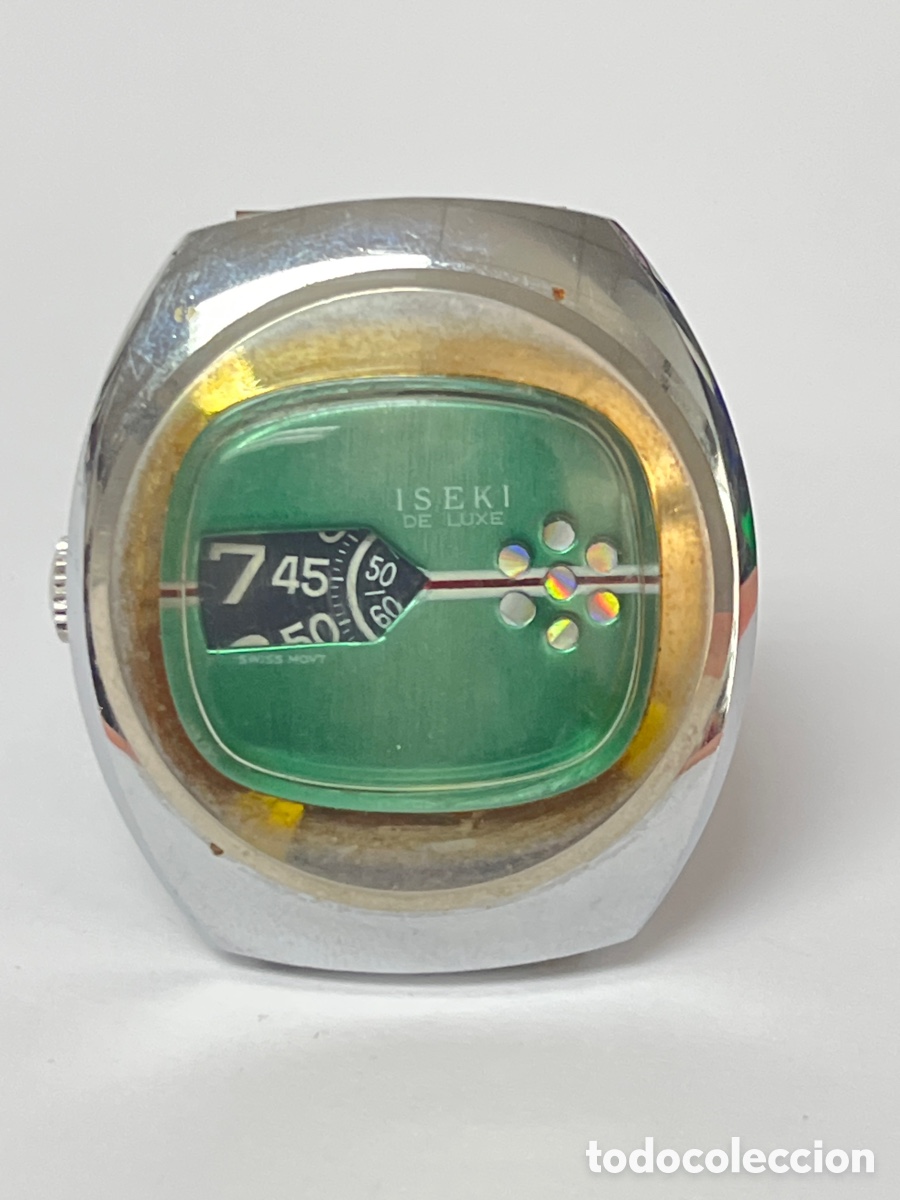 Vintage: reloj Iseki Jump vintage. Correa y caja de acero inoxidable de 38 mm. Esfera verde. Mecanismo enfunc