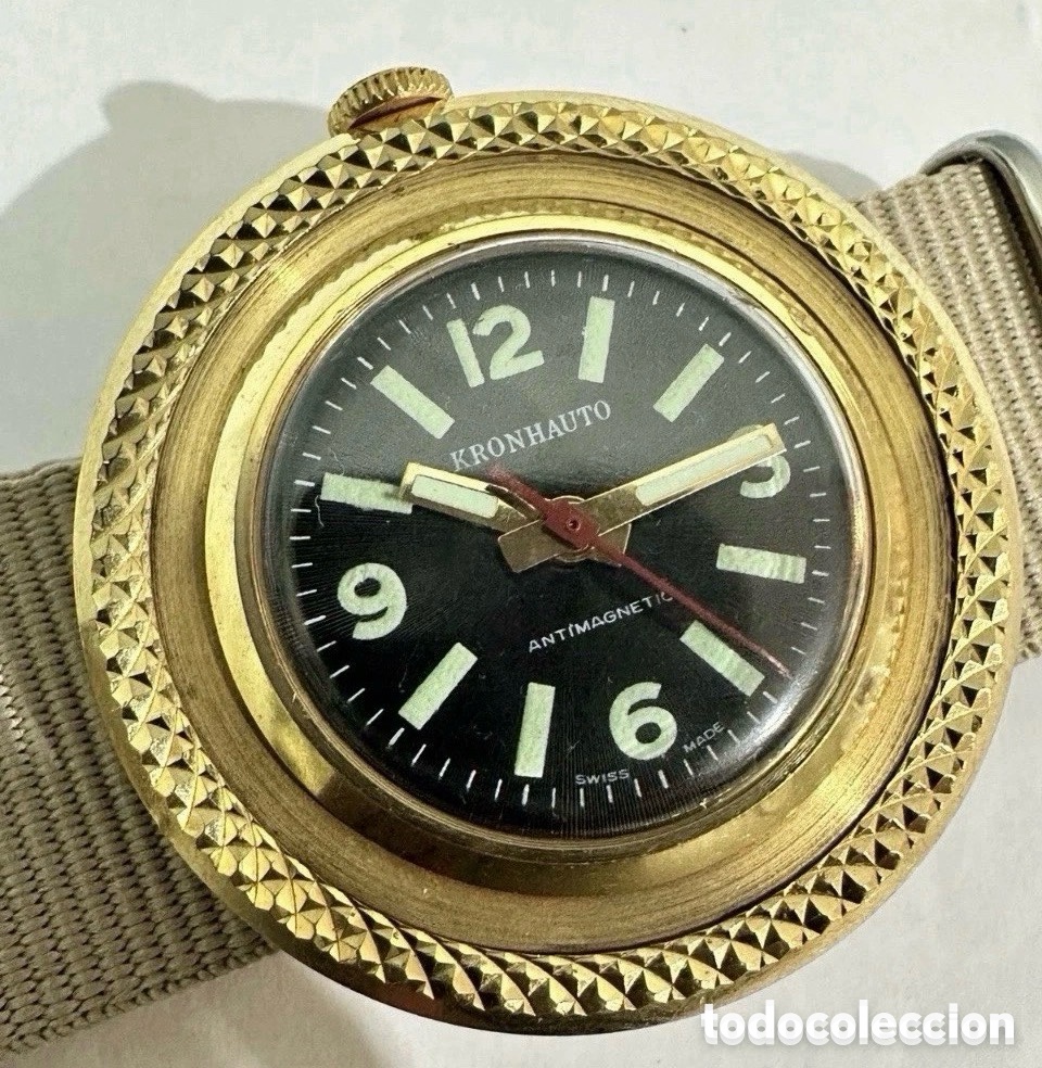 Vintage: Antiguo Reloj Kronhauto. Metal chapado oro. Corona Al 12 Raro. Suiza. A&ntilde;os 60.