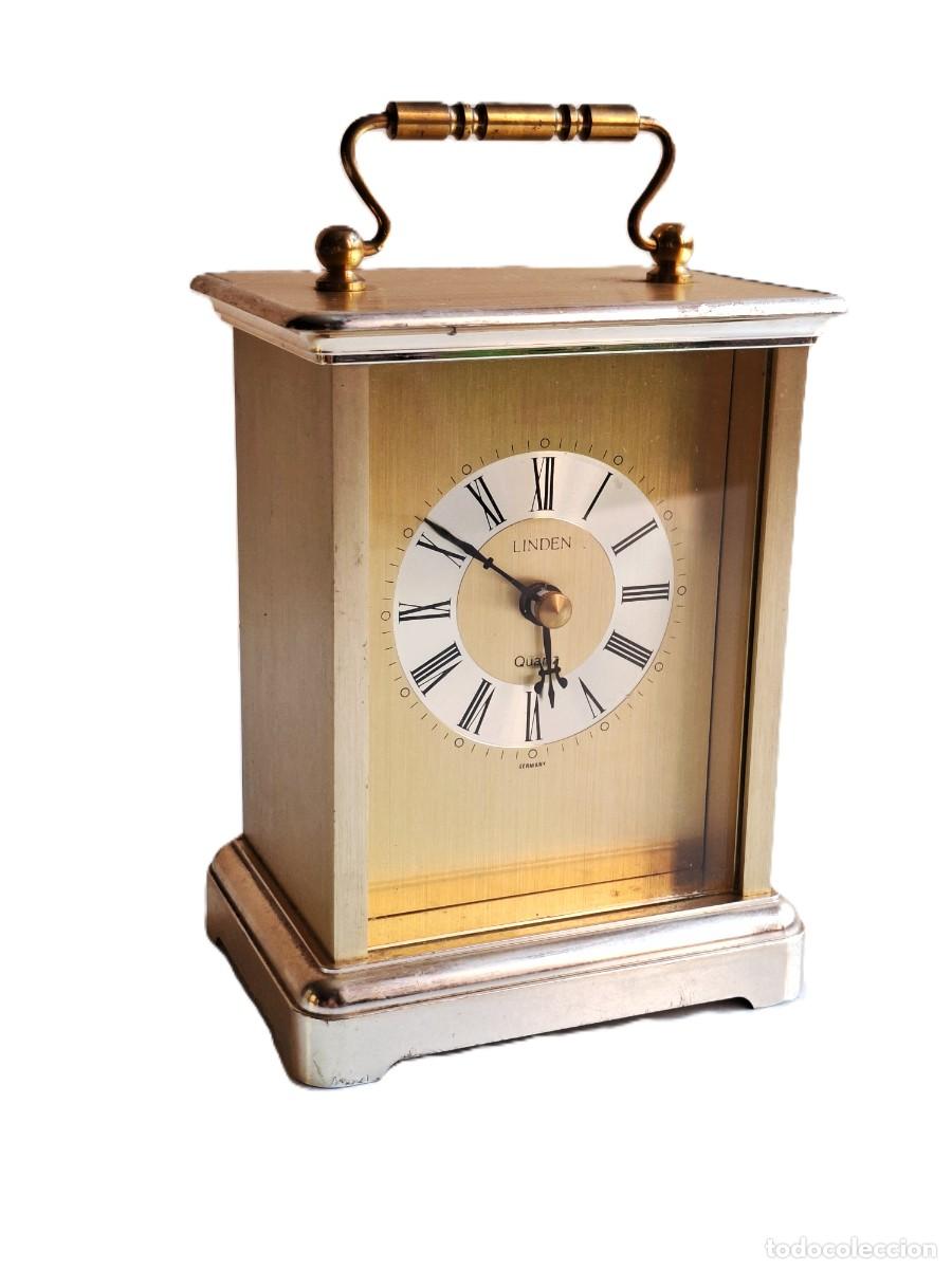 Vintage: ANTIGUO RELOJ DE SOBREMESA ESTILO CARRUAJE - LINDEN QUARTS -METAL DORADO Y PLATEADO - ANOS 70/80