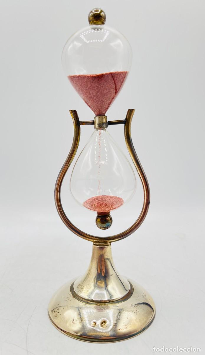 Vintage: Reloj de arena antiguo de cristal y plata con arena rosa 18 cm