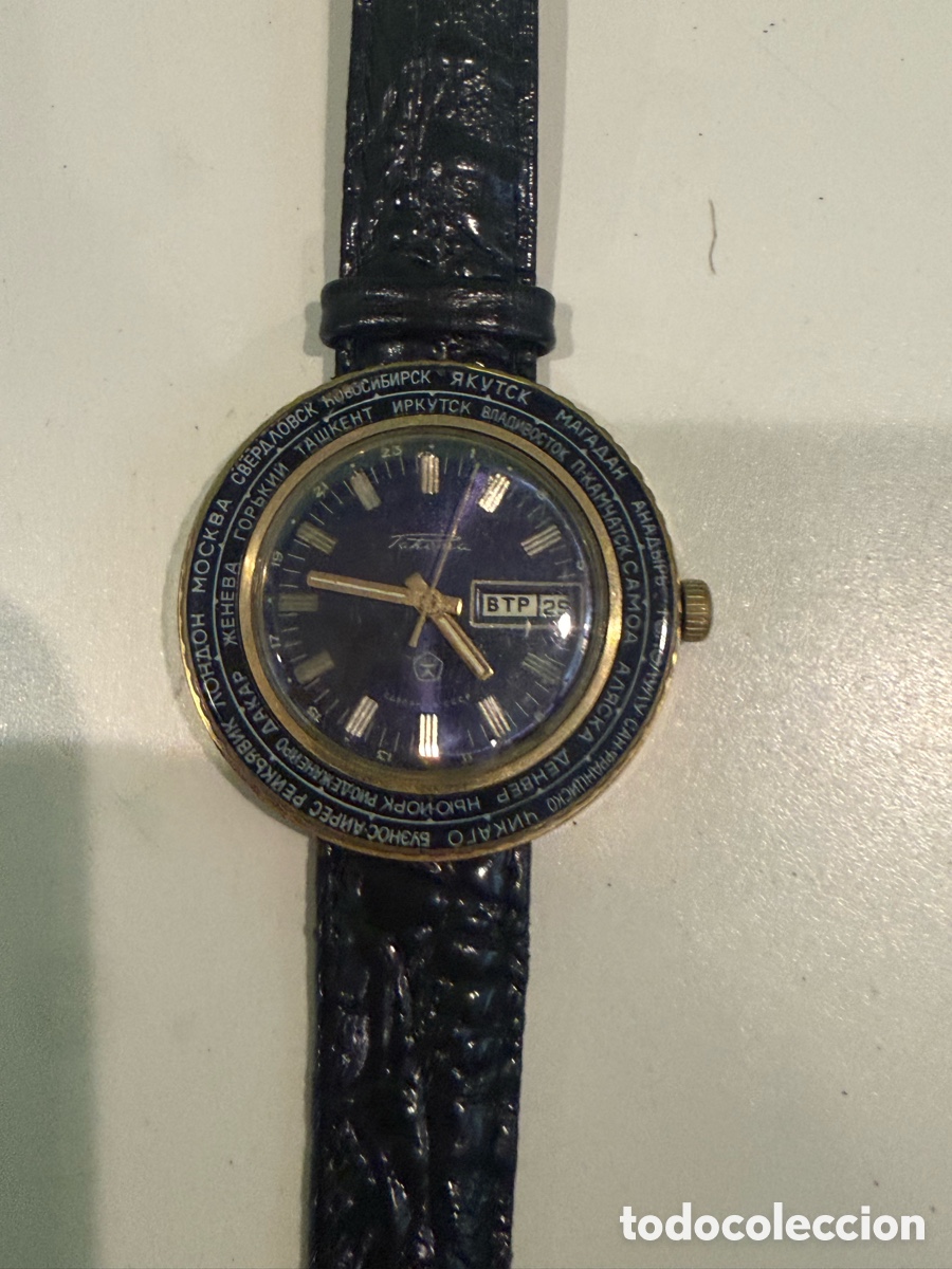Vintage Uhren: Raketa World Time URSS Reloj Mec&aacute;nico de Caballero con D&iacute;a y Fecha A&ntilde;os 70. Funciona perfectamente.
