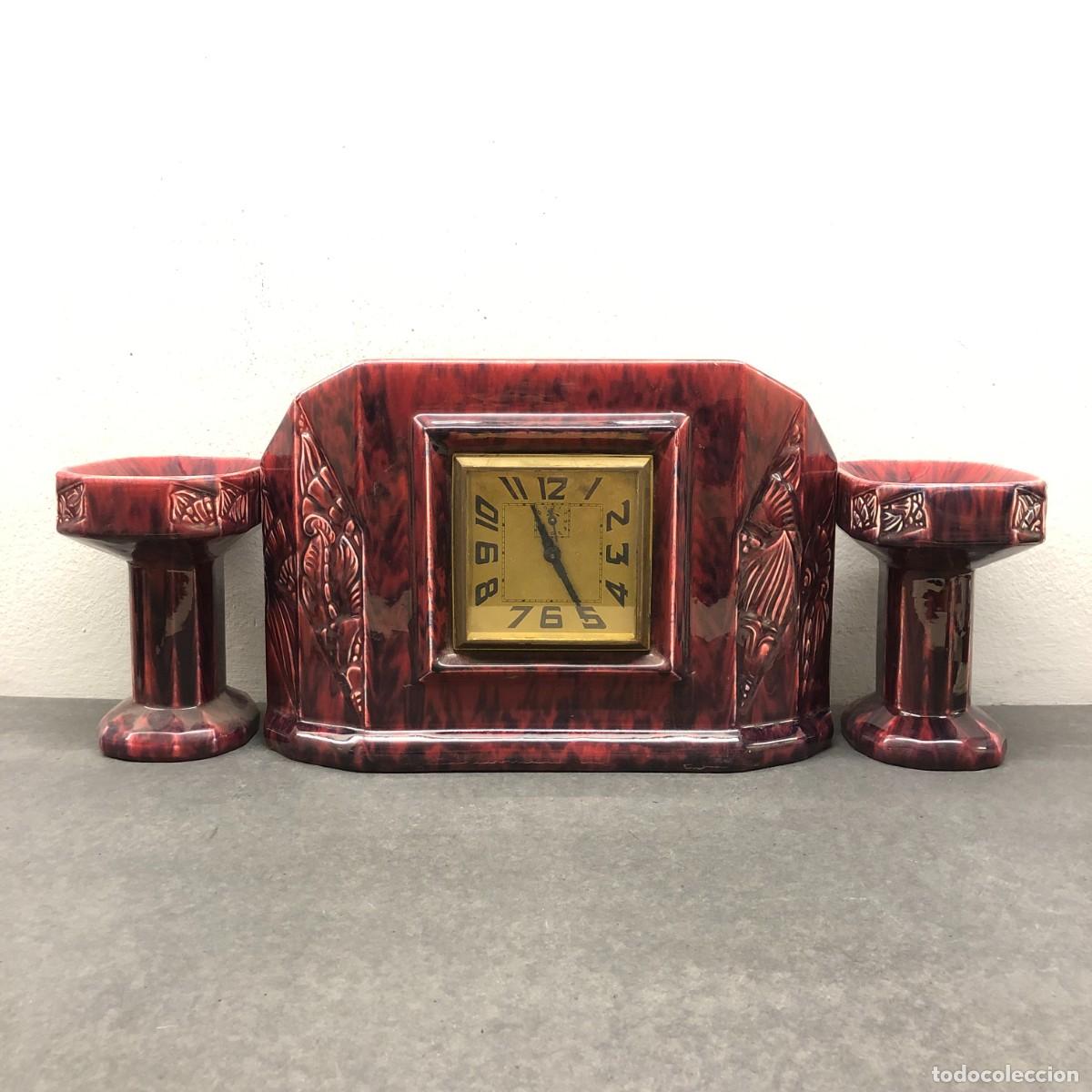 Vintage: JUEGO DE RELOJ DE SOBREMESA - ART DEC&Oacute; C. 1920 - EN CERAMICA VIDRIADA - 33 X 23 CM EL RELOJ / 1619