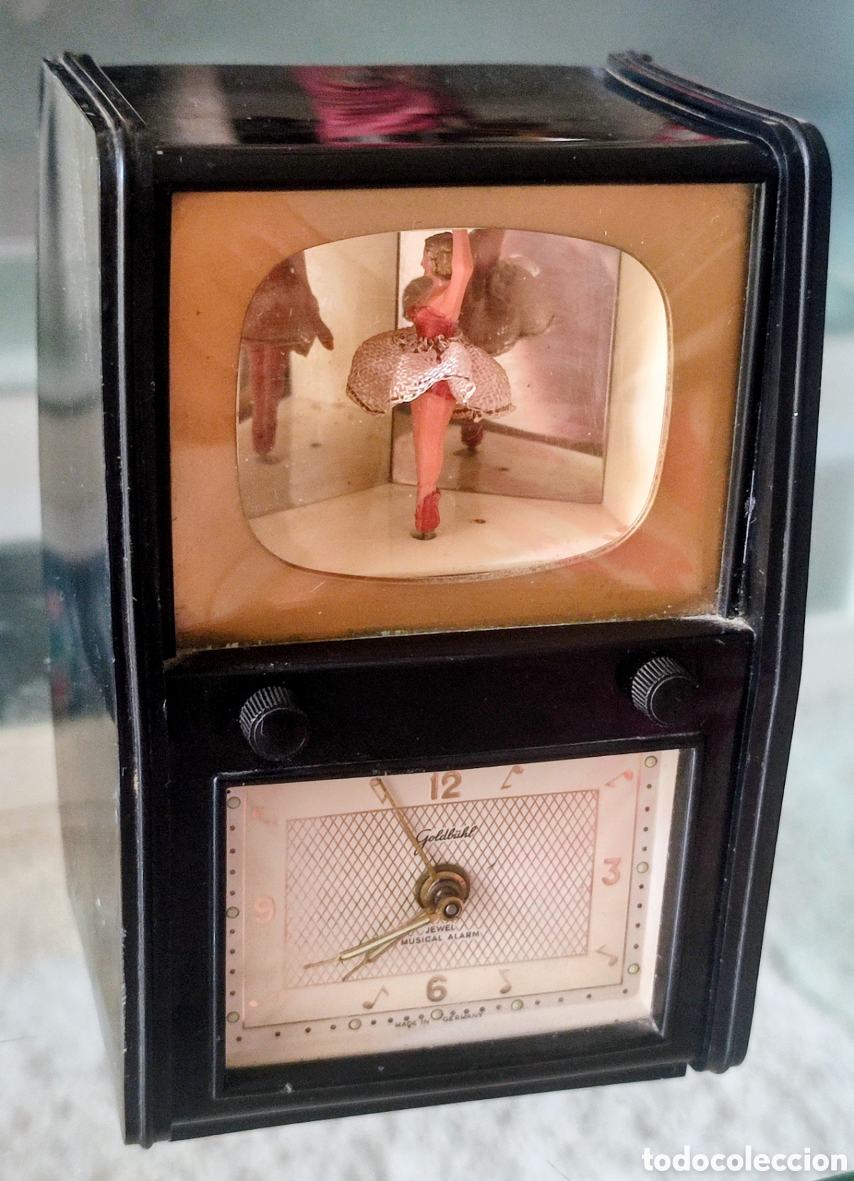 Vintage: Reloj despertador con MUSICA Y BAILARINA. marca GOLDB&Uuml;HL fabricado en Alemania alrededor de 1940/50.