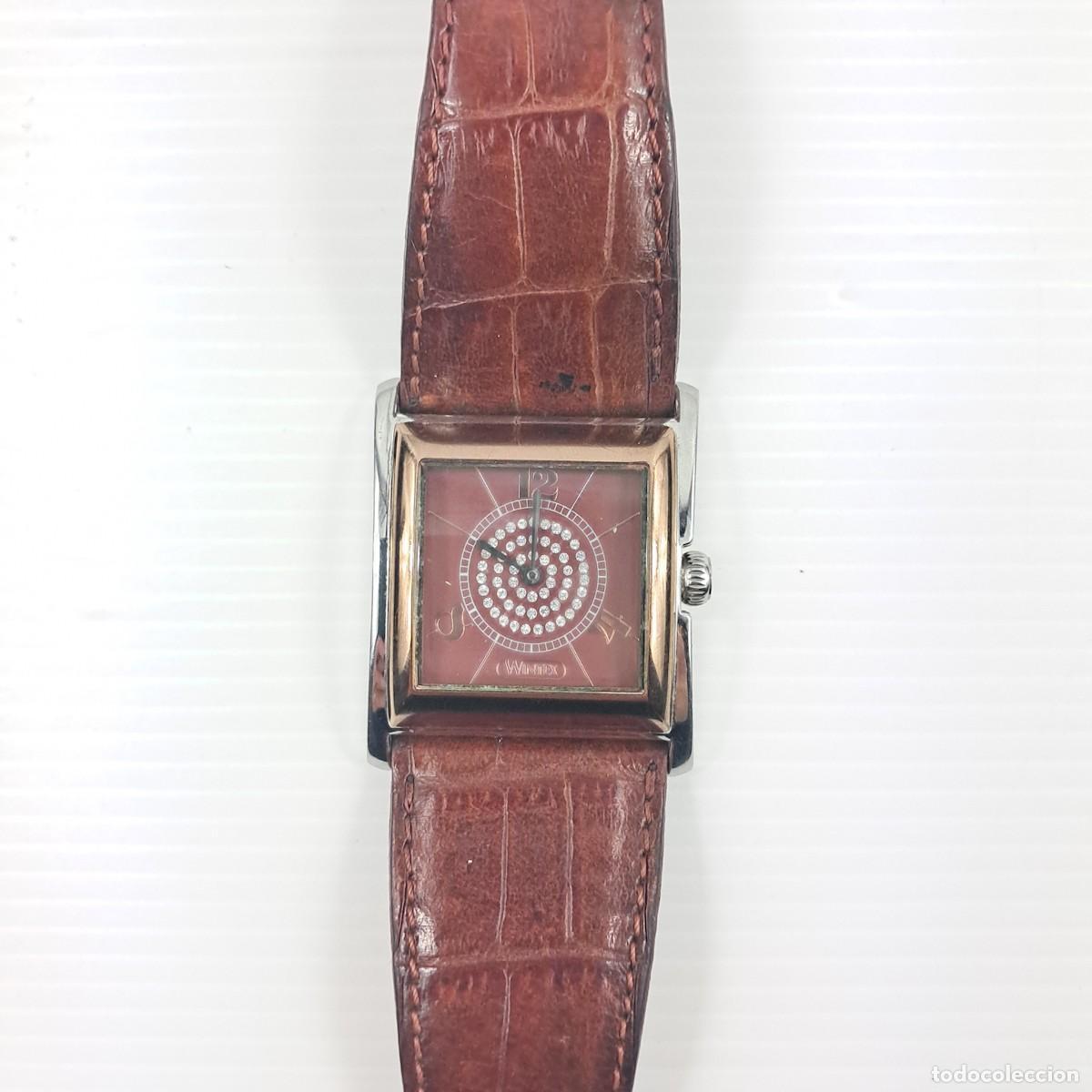 Vintage: Orologio Donna WINTEX &ndash; Quadrante Rosso con Strass, Cassa Rettangolare in Acciaio, Cinturino in Pell
