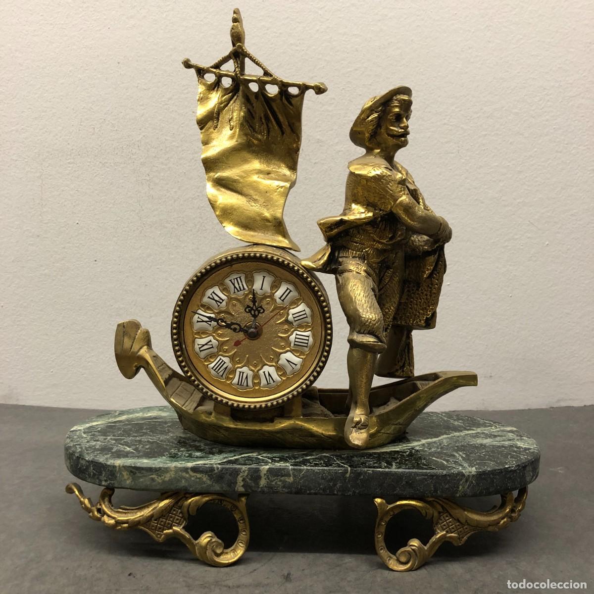 Vintage: PRECIOSO RELOJ DE SOBREMESA EN M&Aacute;RMOL Y BRONCE - PESCADOR - 42 X 38 CM - SE DESCONOCE ESTADO / 1621