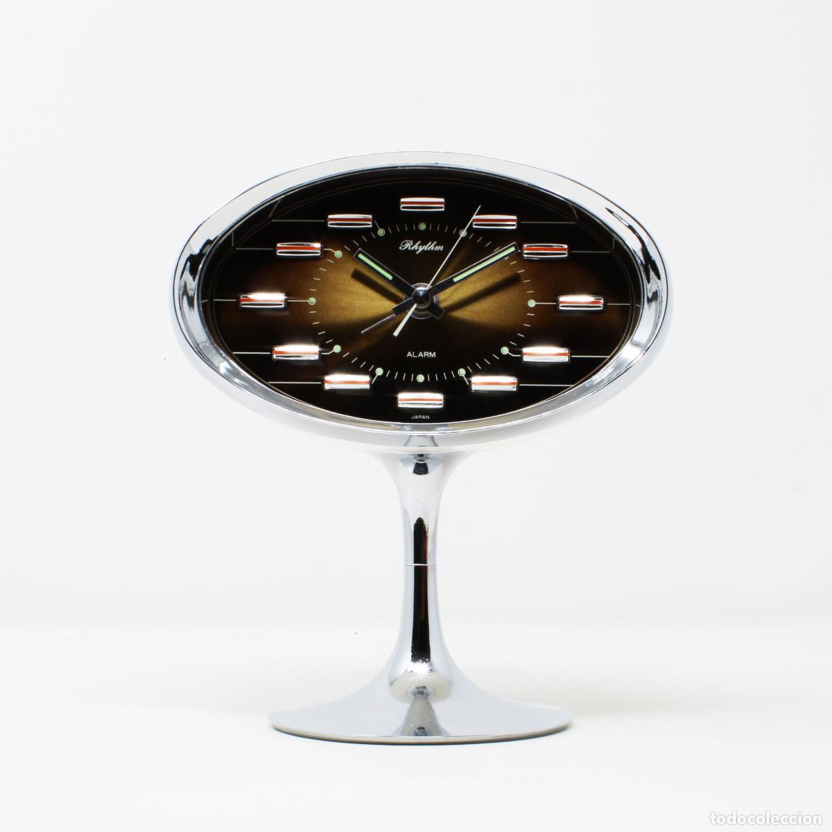Vintage: Reloj despertador vintage Rhythm 51141 Space Age a&ntilde;os 60 &ndash; dise&ntilde;o tulip&aacute;n cromado, alarma mec&aacute;nica