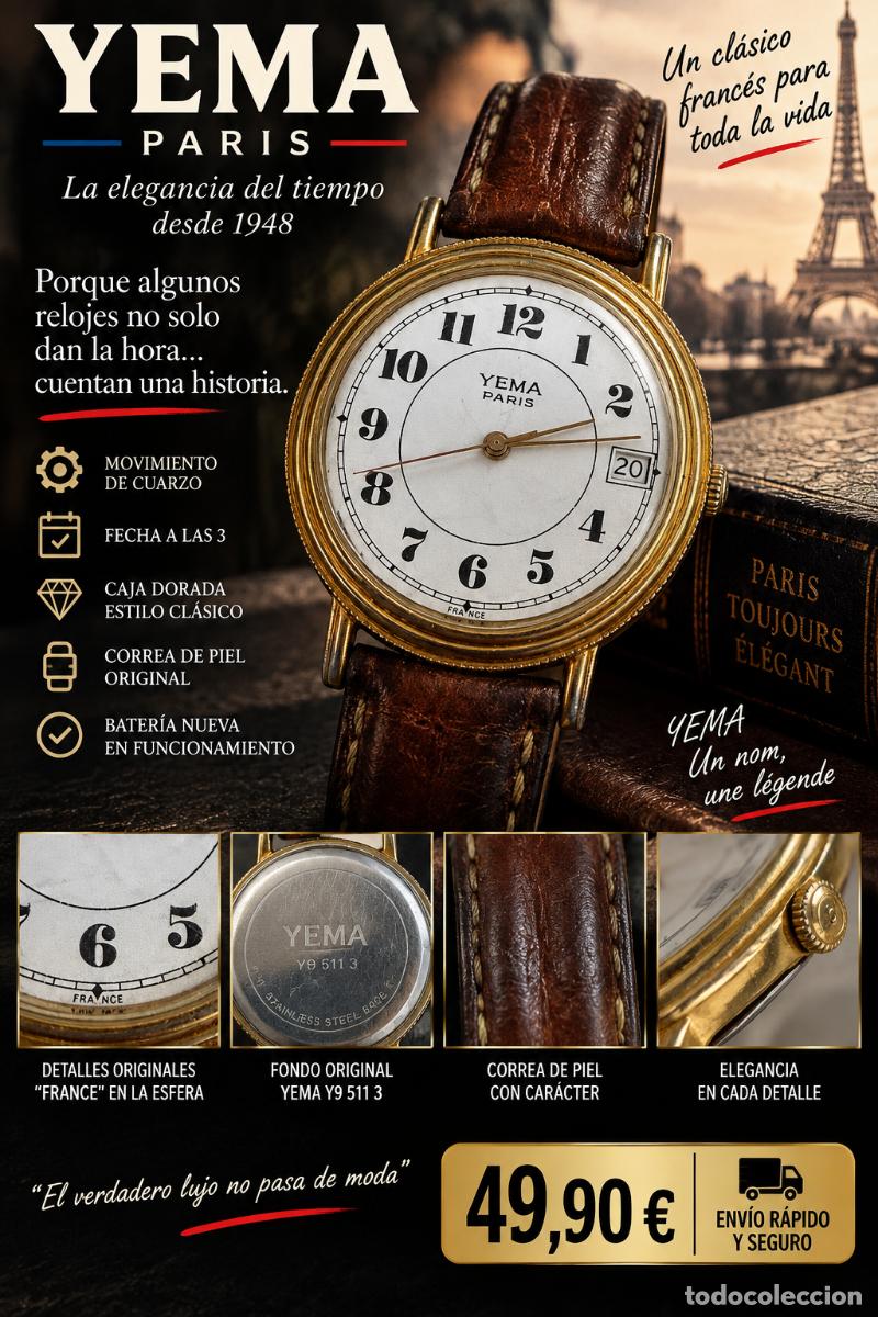 Vintage: YEMA Paris Vintage &ndash; Reloj Cl&aacute;sico Franc&eacute;s &ndash; Esfera Blanca con Fecha &ndash; Bater&iacute;a Nueva &ndash; Funcionando
