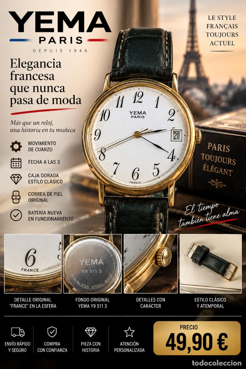 Vintage: YEMA Paris Vintage &ndash; Elegante Reloj Franc&eacute;s &ndash; Esfera Blanca con Fecha &ndash; Bater&iacute;a Nueva &ndash; Funcionando