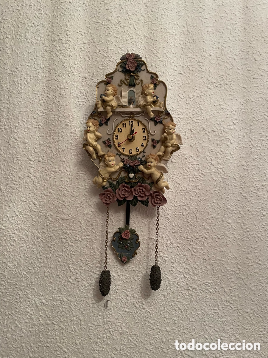 Vintage: Reloj de pared querubines y rosas, funciona