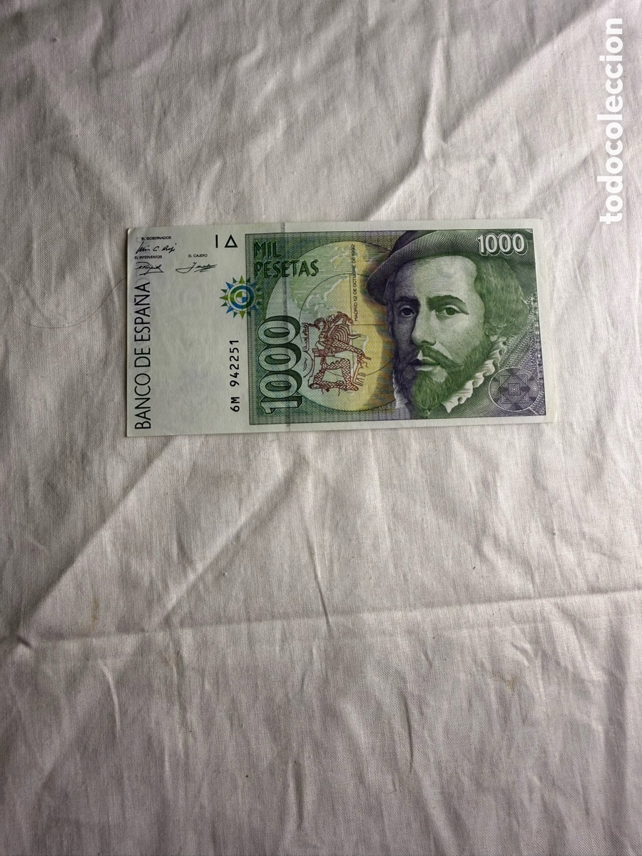 Vintage: Billete 1.000 Pesetas Espa&ntilde;a 1992 &ndash; Hern&aacute;n Cort&eacute;s y Francisco Pizarro &ndash; Serie 6M