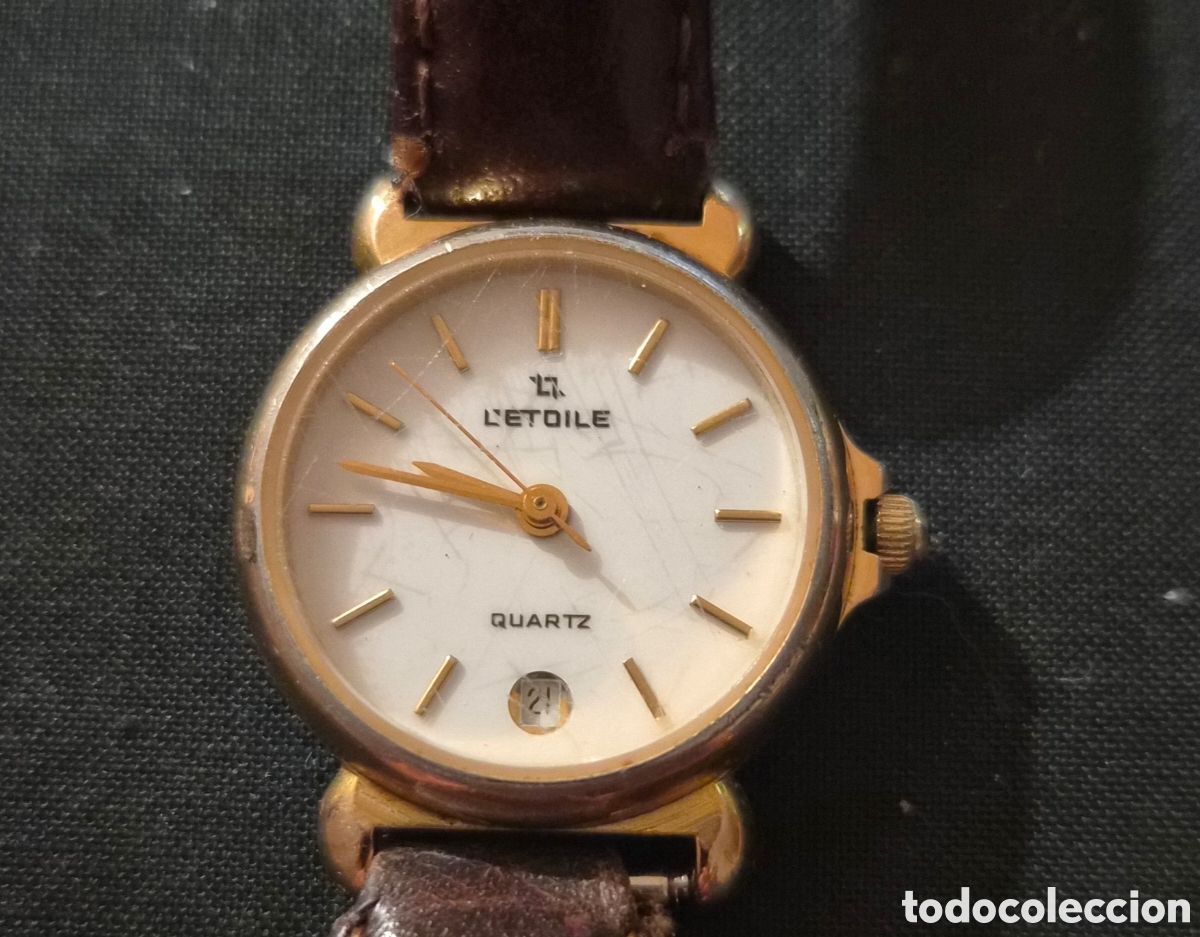 Vintage: RELOJ L&rsquo;&Eacute;TOILE QUARTZ VINTAGE &ndash; CALENDARIO &ndash; ESFERA BLANCA &ndash; CORREA DE PIEL