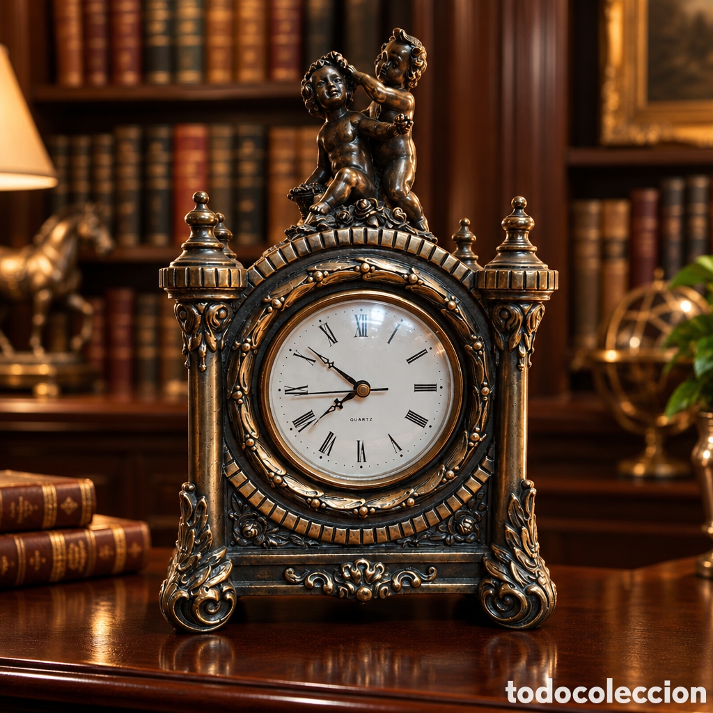Vintage Uhren: RELOJ SOBREMESA VINTAGE, ELABORADO EN RESINA EFECTO BRONCE, ESFERA BLANCA, N&Uacute;MEROS ROMANOS...