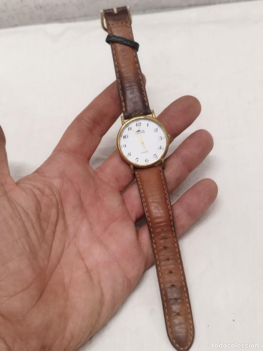 Vintage: Reloj de pulsera Lotus Quartz (modelo cl&aacute;sico con esfera blanca, n&uacute;meros ar&aacute;bigos y caja dorada.