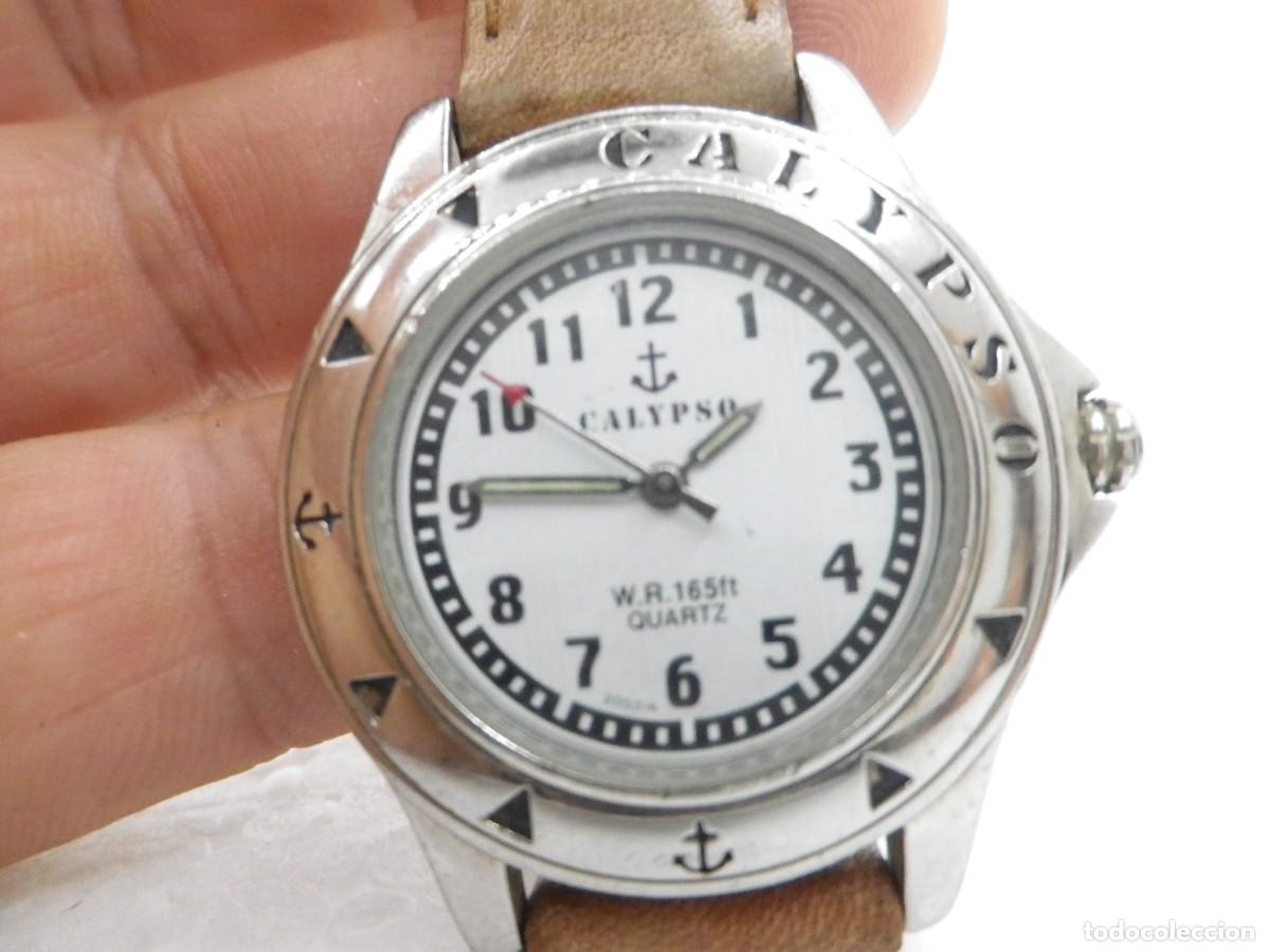 Vintage: Reloj CALYPSO 34mm Unisex Cadete Cuero Esfera Blanca N&aacute;utico Bisel Grabado 50M