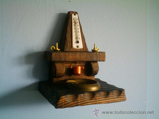 Vintage: CHIMENEA DE MADERA CON TERM&Oacute;METRO Y CENICERO - Foto 2