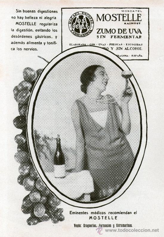 Vintage: CARTEL O ANUNCIO PUBLICIDAD. MOSTO MOSTELLE .16,5X23,5cm. PAPEL A&Ntilde;O 1926 ORIGINAL DE EPOCA ART DEC&Oacute;