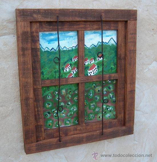 Vintage: ventana de madera decorativa con paisaje pintado a mano ,,, ven365 -- ve23