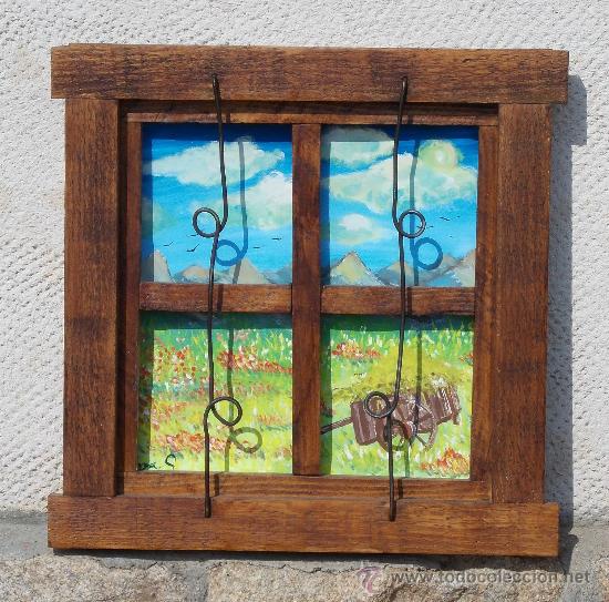 Vintage: ventana de madera decorativa con paisaje pintado a mano,CARRO ,,, ven365 -- ve26