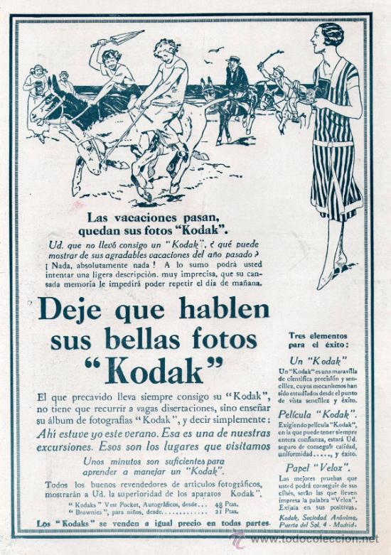 Vintage: ANUNCIO PUBLICIDAD DE PRENSA. KODAK PELICULA Y CAMARAS.TAMA&Ntilde;O FOLIO. EN PAPEL. A&Ntilde;O: 1928. ORIGINAL
