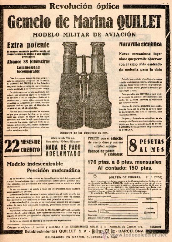 Vintage: GEMELO DE MARINA QUILLET. CARTEL PUBLICIDAD DE PRENSA. TAMA&Ntilde;O FOLIO. EN PAPEL. A&Ntilde;O: 1928. ORIGINAL