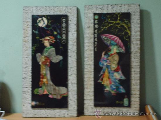 Vintage: Deliciosa pareja de cuadritos verticales, de tema oriental. Finales d&eacute;cada 40.