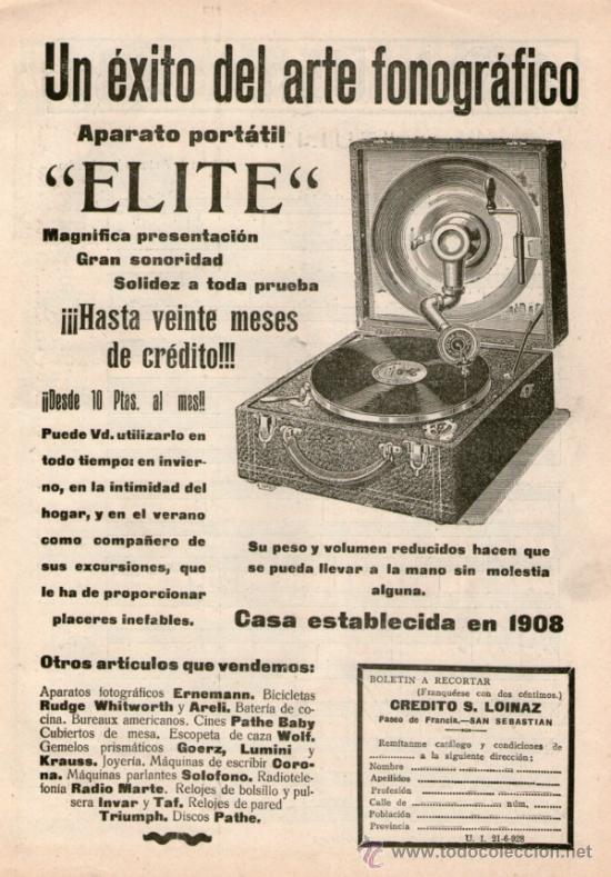 Vintage: CARTEL PUBLICIDAD DE PRENSA. FONOGRAFO PORTATIL ELITE. TAMA&Ntilde;O FOLIO. EN PAPEL. A&Ntilde;O: 1928. ORIGINAL