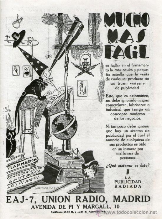 Vintage: UNION RADIO EAJ 7 MADRID . CARTEL PUBLICIDAD DE PRENSA. TAMA&Ntilde;O A4 PARA DECORAR EN PAPEL. A&Ntilde;O: 1926.