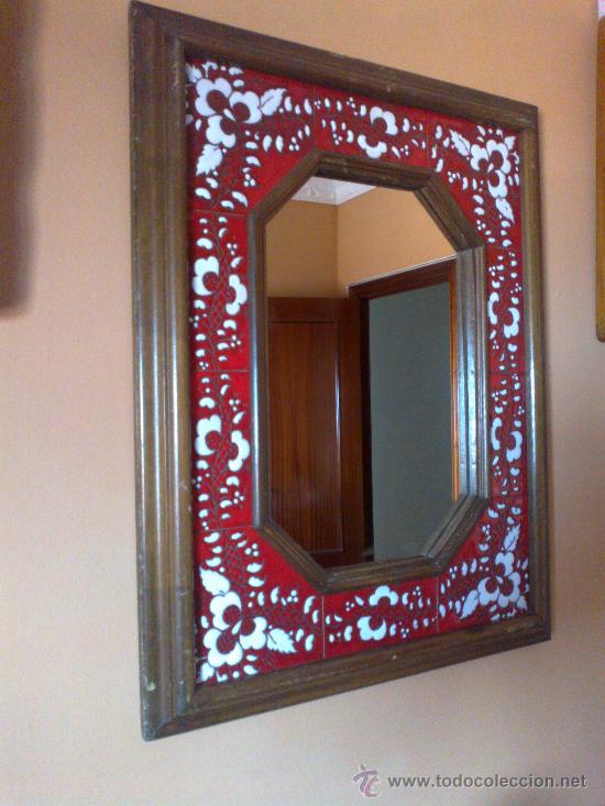Vintage: ESPEJO EN MADERA Y AZULEJO - Foto 3