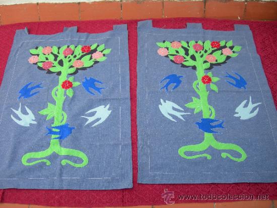 Vintage: PAREJA DE CORTINAS EN TELA DE ESTERILLA GRUESA EN ALGODON CON DIBUJO DE APLIQUES