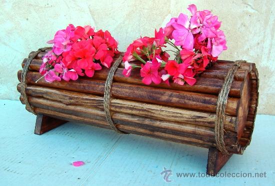 Vintage: jardinera de madera tronco 2 huecos 50 cm , fleurs, jard365