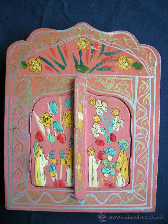 Vintage: TRIPTICO CON ESPEJO PINTADO AL OLEO - Foto 1