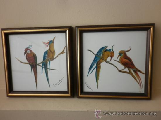 Vintage: PAREJA DE PINTURAS SOBRE UNA BALDOSA BLANCA  A&Ntilde;OS 60