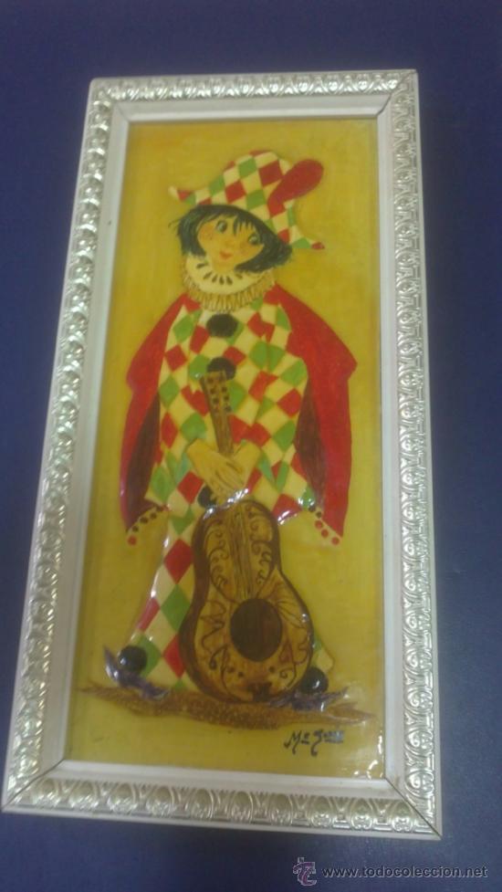 Vintage: Precioso cuadro esmaltado representando un arlequin. marco de madera