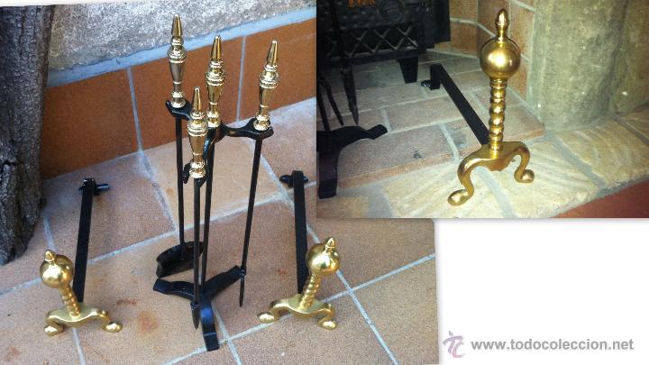 Vintage: Juego de chimenea: morillos y herramientas de forja y bronce