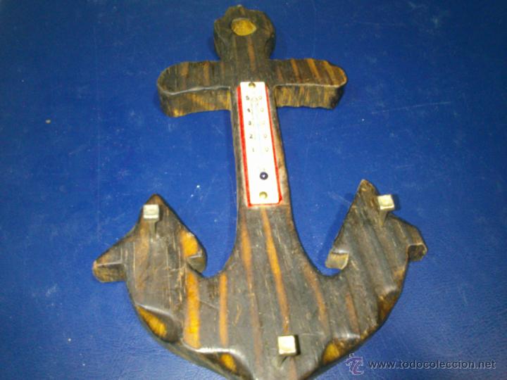 Vintage: COLGADOR FORMA DE ANCLA EN MADERA,CON TERMOMETRO - Foto 2